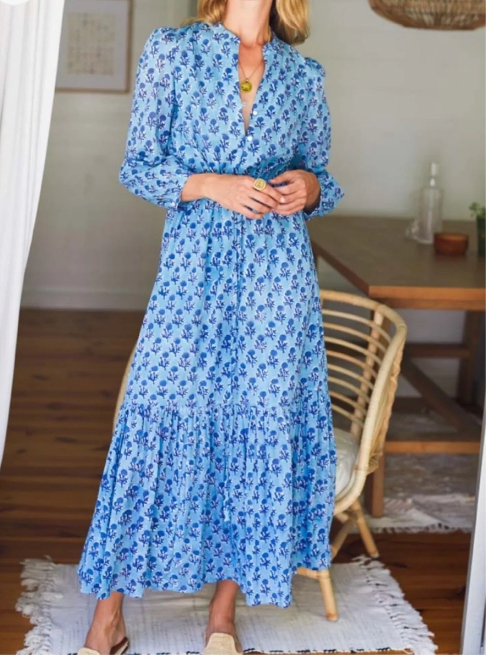 Emerson Fry Frances Danube Dress Blue Hand Dyed Block Print Tiered Cotton Midi